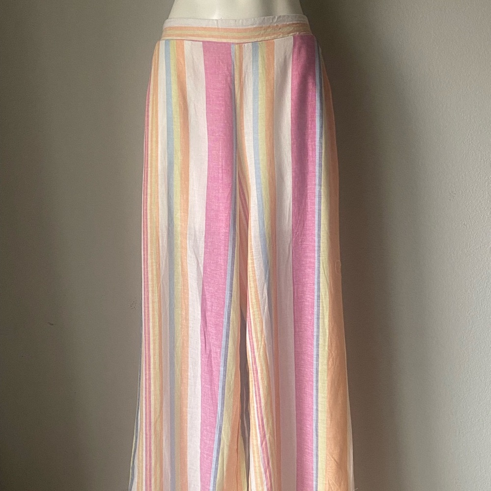 Women New York & Company Flat Front Pull on Pant Stripe Linen Rayon Blend Size S